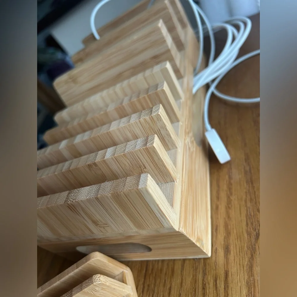 iPhone Apple Watch iPad device charging station with cords - Wood